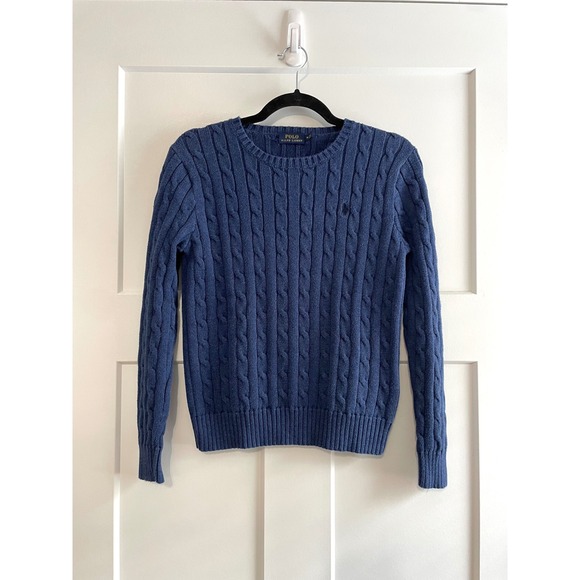 Polo Ralph Lauren Blue Cable Knit Cotton Crewneck Sweater Medium - Picture 2 of 6